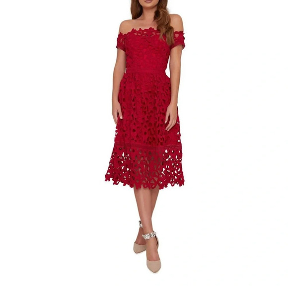 NWT Chi Chi London Bardot Neck Lace Crochet Design Midi Dress in Dark Red Sz 8 - Picture 8 of 8